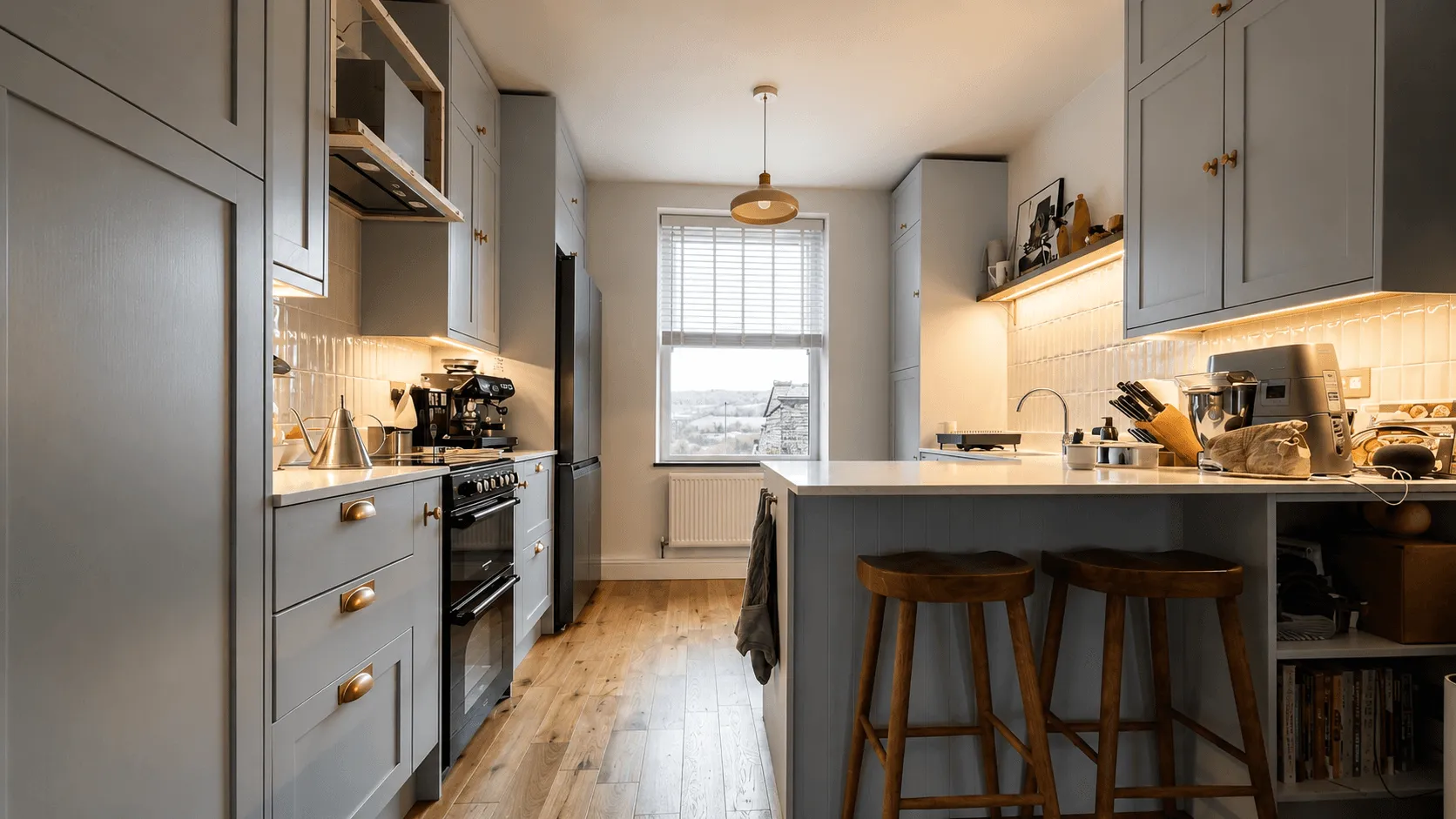 A renovated kitchen with grey cabinets and a central island